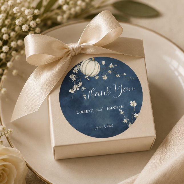  Navy Blue Autumn Pumpkin Wedding Classic Round Sticker (Creator Uploaded)