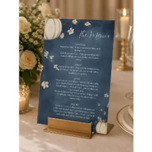 Navy Blue Autumn Pumpkin Wedding Menu Pedestal Sign