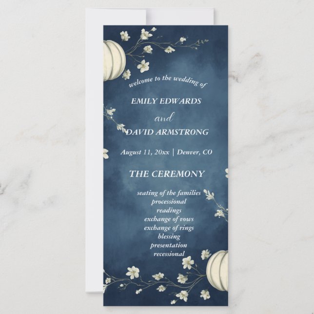 Navy Blue Autumn Pumpkin Wedding Program (Front)