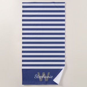 Navy blue awning stripe with personalisation beach towel
