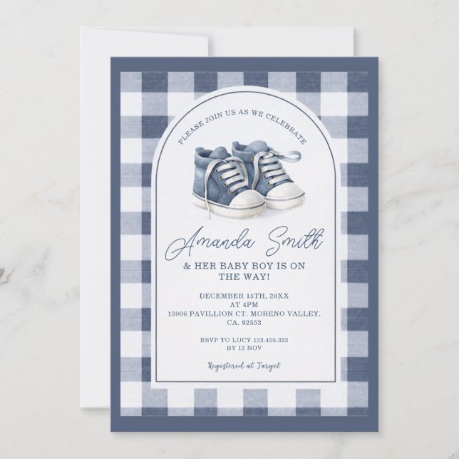 Navy Blue BabShoes Gingham Baby Shower Invitation, Invitation (Front)