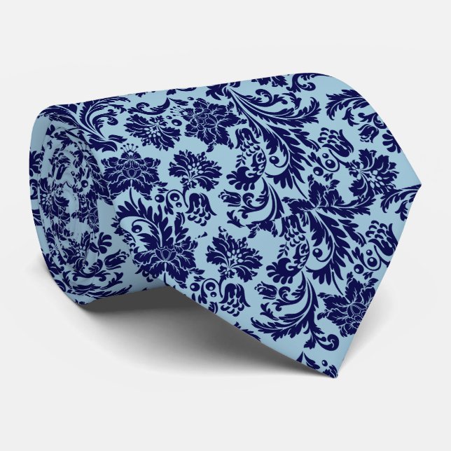 Navy Blue & Baby Blue Floral Paisley Pattern Tie (Rolled)