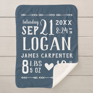 Navy Blue Baby Boy Birth Stats Keepsake Sherpa Blanket