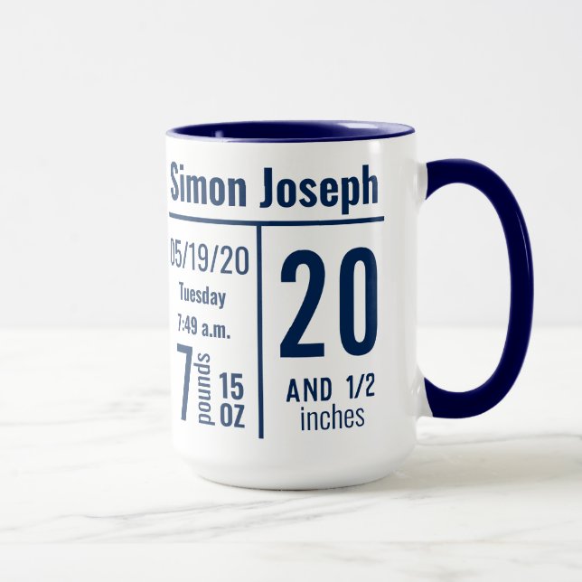 Navy Blue Baby Boy Photo Birth Record Stat Mug (Right)