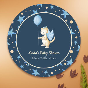 Navy Blue Baby Dragon with Balloon Baby Shower Classic Round Sticker