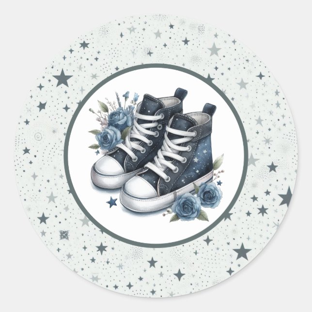 Navy Blue Baby High Tops Baby Shower Classic Round Sticker (Front)