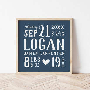 Navy Blue Baby Name Birth Stats   Editable Colours Poster
