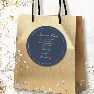 Navy Blue Background Gold Script Elegant Thank You Classic Round Sticker
