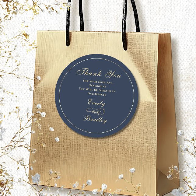Navy Blue Background Gold Script Elegant Thank You Classic Round Sticker (Creator Uploaded)