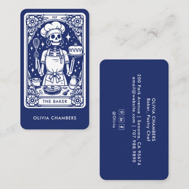 Navy Blue Baker Tarot Skeleton Pastry Chef  Business Card (Front/Back)