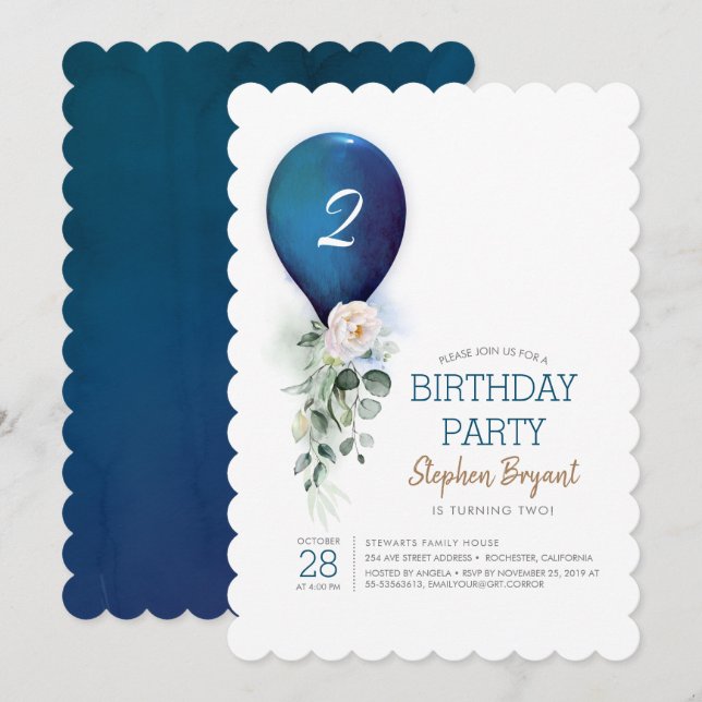 Navy Blue Balloon Birthday Invitations for Boy (Front/Back)