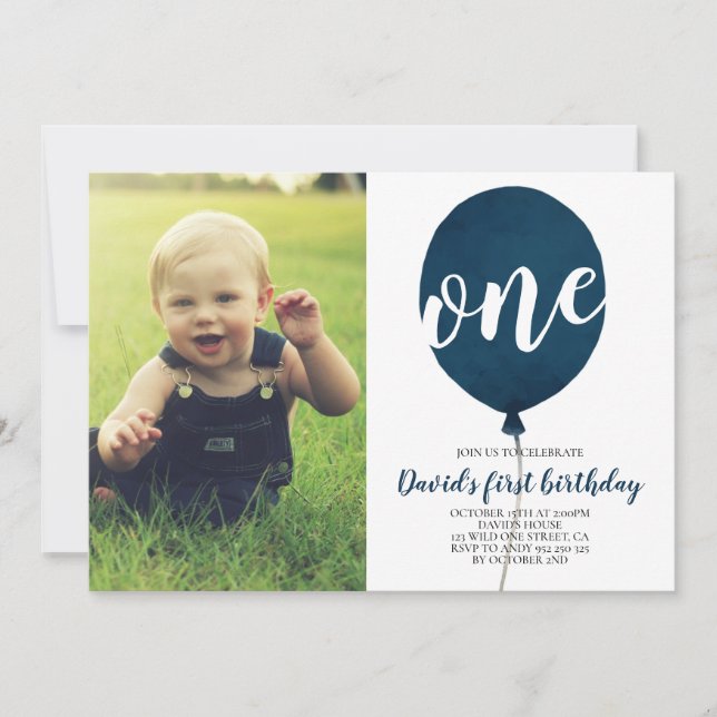 Navy Blue Balloon Boy First Birthday with Photo Invitation (Front)