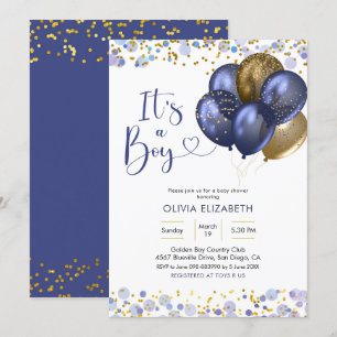 Navy Blue Balloon It's a Boy Baby Shower Invitation