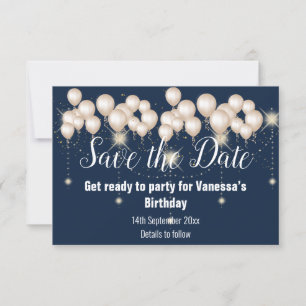 Navy Blue Balloon Sparkle Save the Date Card