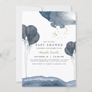 Navy Blue Balloon Watercolor Boho Baby Shower Invitation