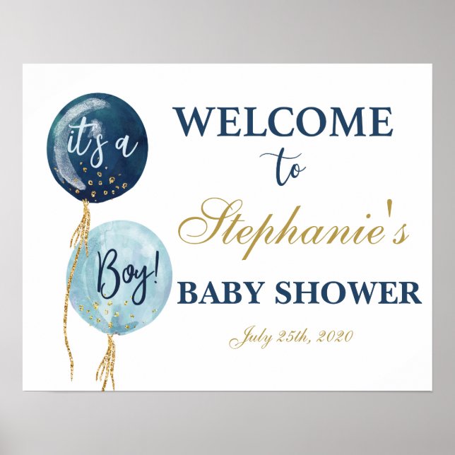 Navy blue balloons baby shower boy welcome sign (Front)