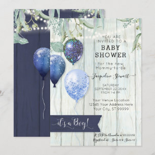 Navy Blue Balloons Rustic Wood Boy Baby Shower Invitation