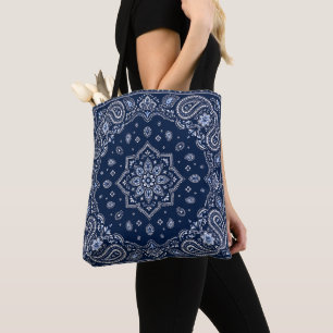 Navy Blue Bandanna Paisley Tote Bag Carryall