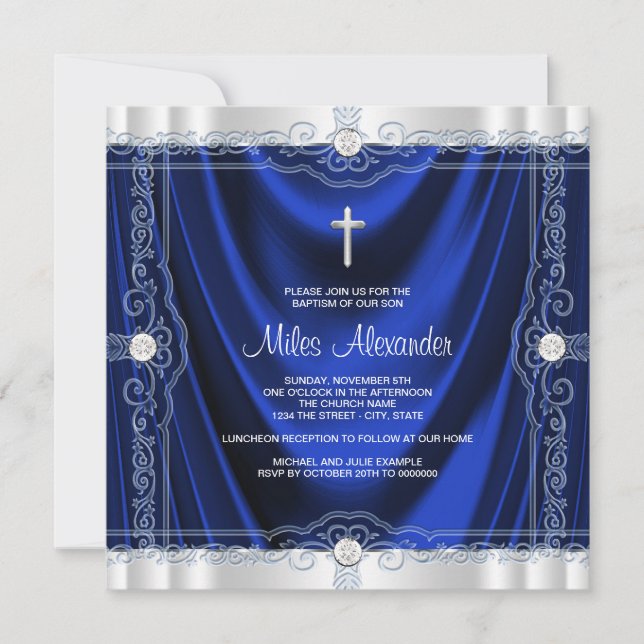 Navy Blue Baptism Christening Royal Blue Satin Invitation (Front)