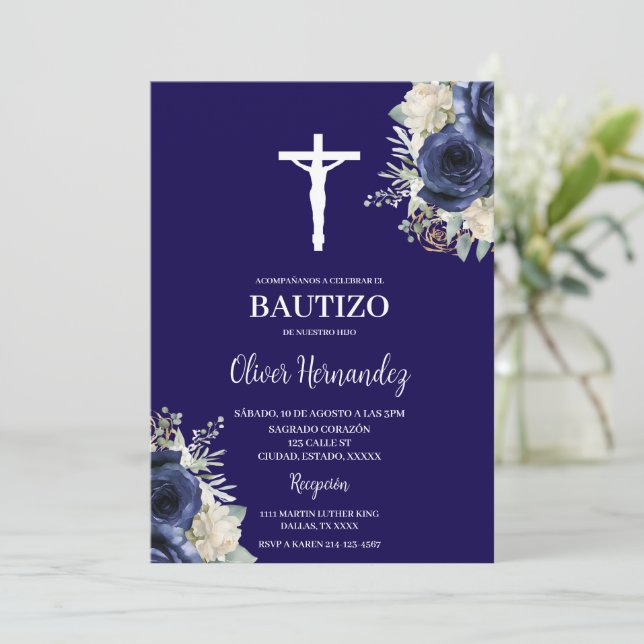Navy blue Baptism Spanish Invitation (Standing Front)