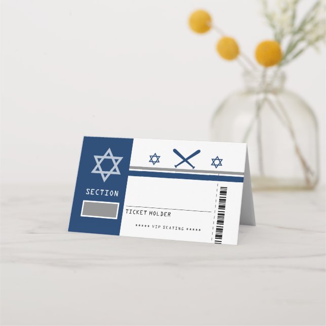 Navy Blue Bar Mitzvah Baseball Ticket Seating Place Card (Front)