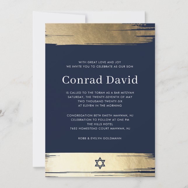 Navy Blue Bar Mitzvah Invitation Elegant (Front)