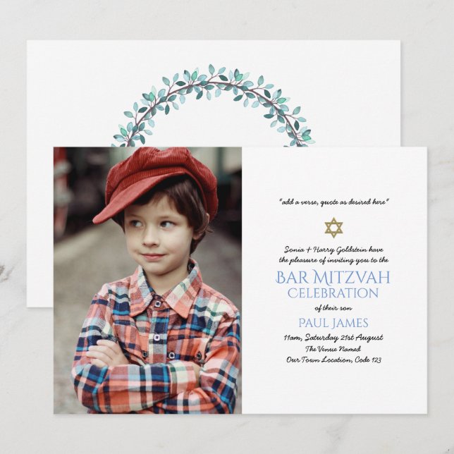 Navy Blue Bar Mitzvah Invitations Elegant Floral (Front/Back)