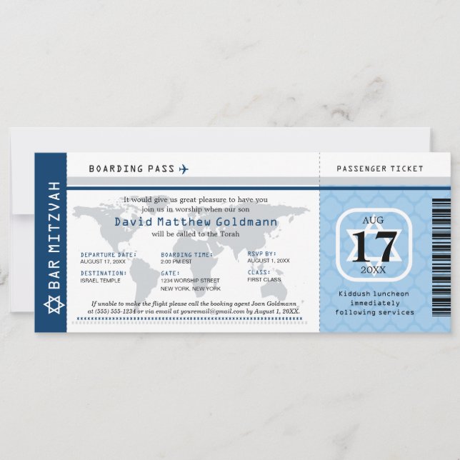 Navy Blue Bar Mitzvah World Traveller Boarding Pas Invitation (Front)