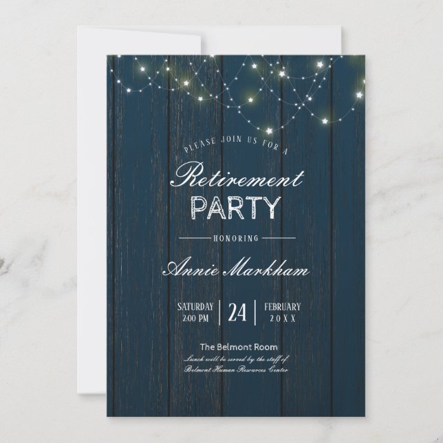 Navy Blue Barn Board Retirement Invitation (Front)