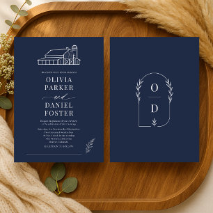 Navy Blue Barn Farmhouse Line Art Wedding Invitation