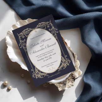 Navy Blue Baroque Folded Wedding Invitation with M