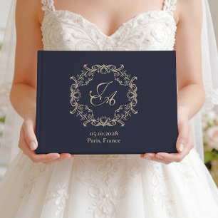 Navy Blue Baroque Monogram Wedding Guest Book