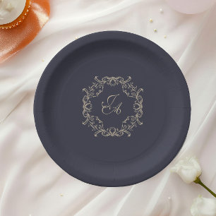 Navy Blue Baroque Monogram Wedding Paper Plate