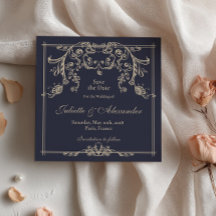 Navy Blue Baroque Save the Date Card