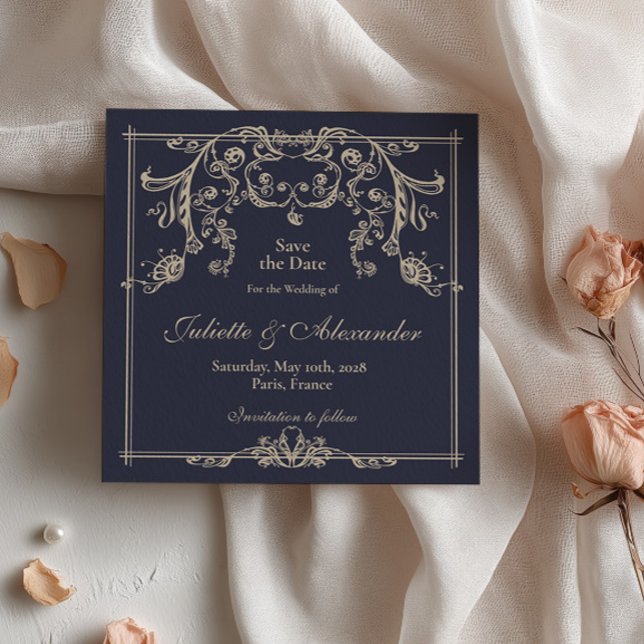 Navy Blue Baroque Save the Date Card (Creator Uploaded)