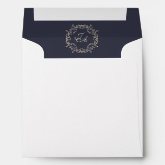 Navy Blue Baroque Square Wedding Envelope with Mon
