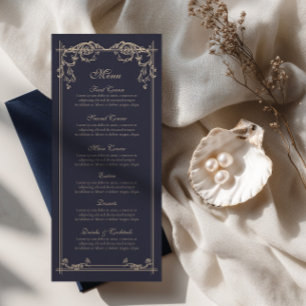 Navy Blue Baroque Wedding Menu Card