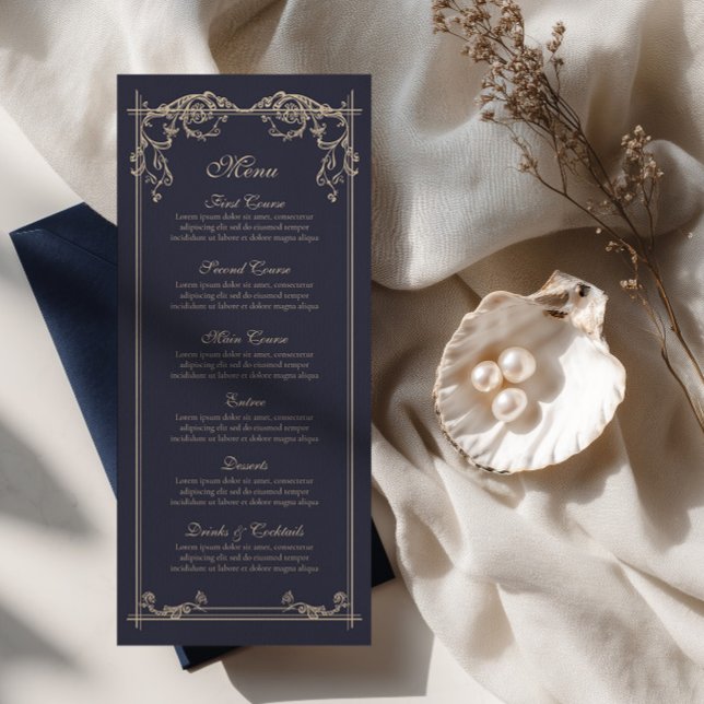 Navy Blue Baroque Wedding Menu Card (Creator Uploaded)