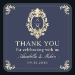 Navy Blue Baroque Wedding Thank You Square Sticker<br><div class="desc">Elegant navy blue and gold baroque wedding thank you sticker with monogram and ornate frame design. Perfect for sealing envelopes, favour bags, or packaging wedding gifts. Personalised with couple’s names and wedding date, this square sticker adds a timeless touch of luxury to your celebration. A beautiful detail that coordinates with...</div>