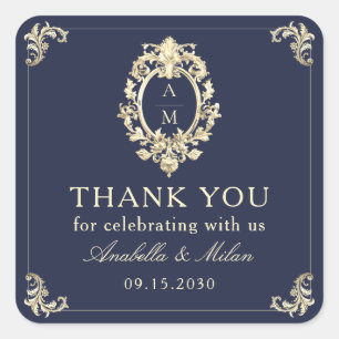 Navy Blue Baroque Wedding Thank You Square Sticker