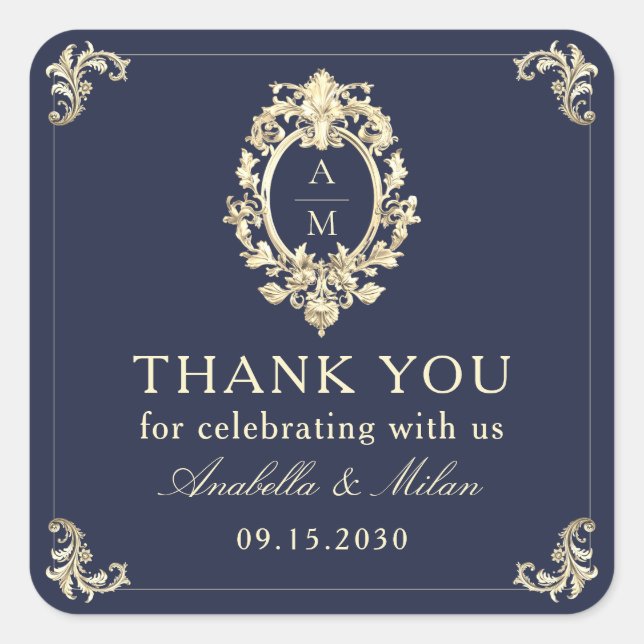 Navy Blue Baroque Wedding Thank You Square Sticker (Front)
