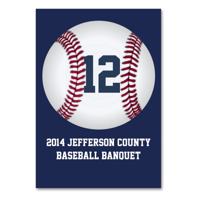 Navy Blue Baseball Banquet Table Number Card (Front)