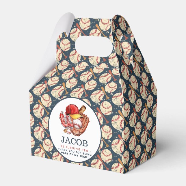 Navy Blue Baseball Kids Birthday Party Watercolor  Favour Box (Front Side)