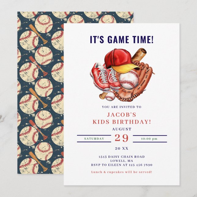 Navy Blue Baseball Kids Birthday Party Watercolor Invitation (Front/Back)