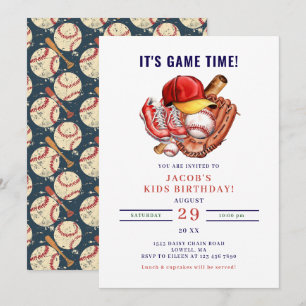 Navy Blue Baseball Kids Birthday Party Watercolor Invitation