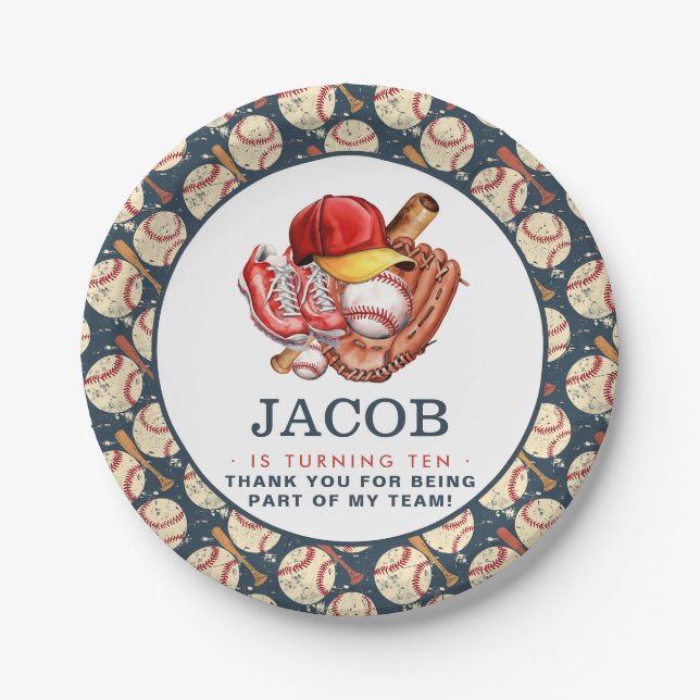 Navy Blue Baseball Kids Birthday Party Watercolor  Paper Plate (Front)