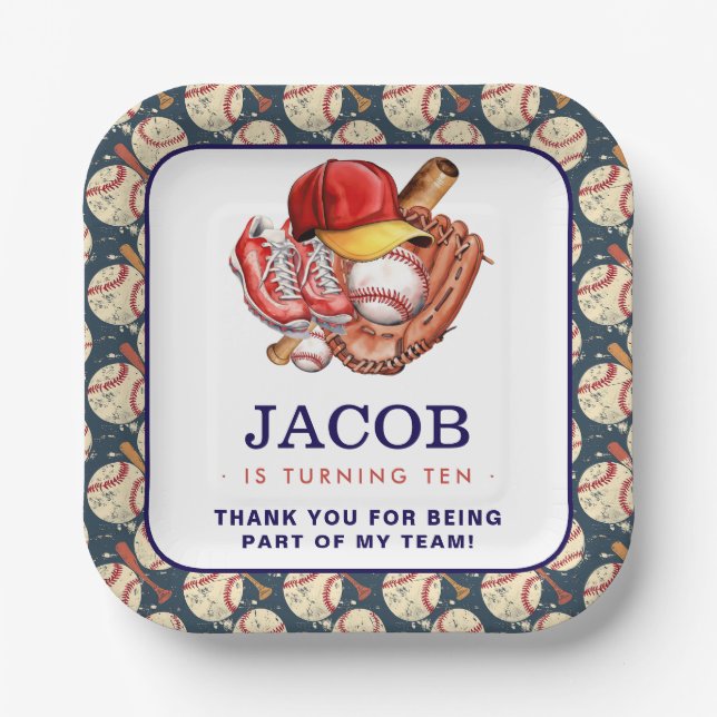 Navy Blue Baseball Kids Birthday Party Watercolor  Paper Plate (Front)