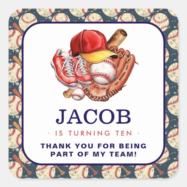 Navy Blue Baseball Kids Birthday Party Watercolor  Square Sticker (Front)