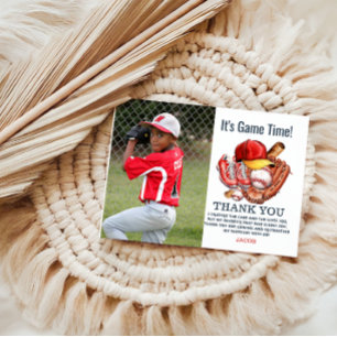 Navy Blue Baseball Kids Birthday Party Watercolor Thank You Card