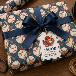 Navy Blue Baseball Kids Birthday Party Watercolor  Wrapping Paper